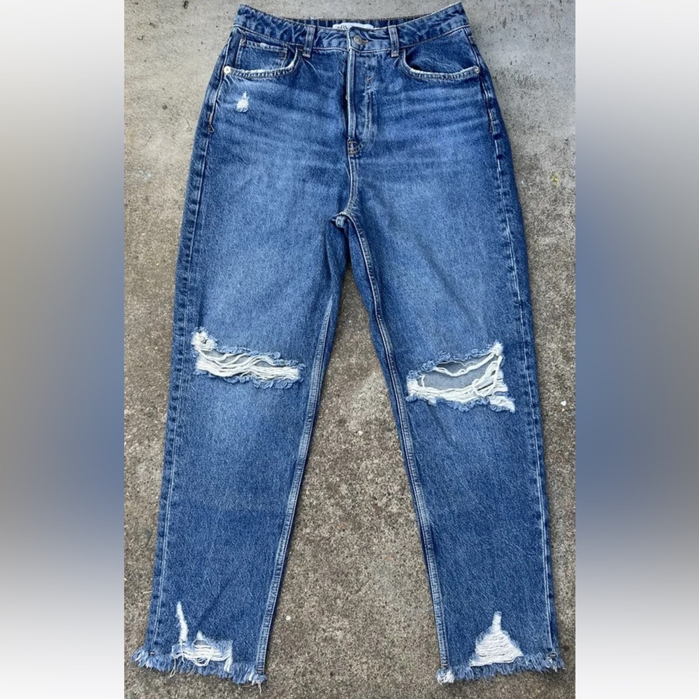 Zara High Rise Distressed Button Fly Jeans Size 8